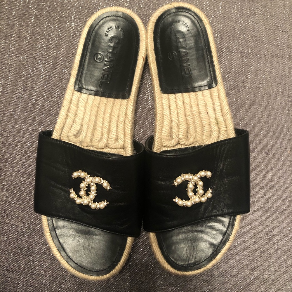 CHANEL Black Embellished Espadrille Mules Slides
